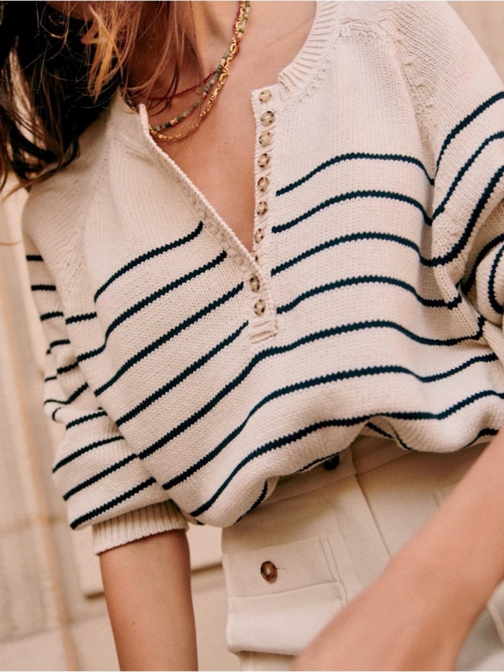 Sezane Leontine Cream Striped Button-Front Women's Sweater